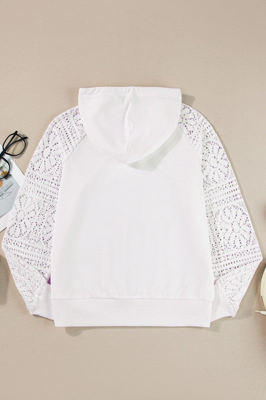 WOMEN LACE PATCHWORK SLEEVE DRAWSTRING HOODIE