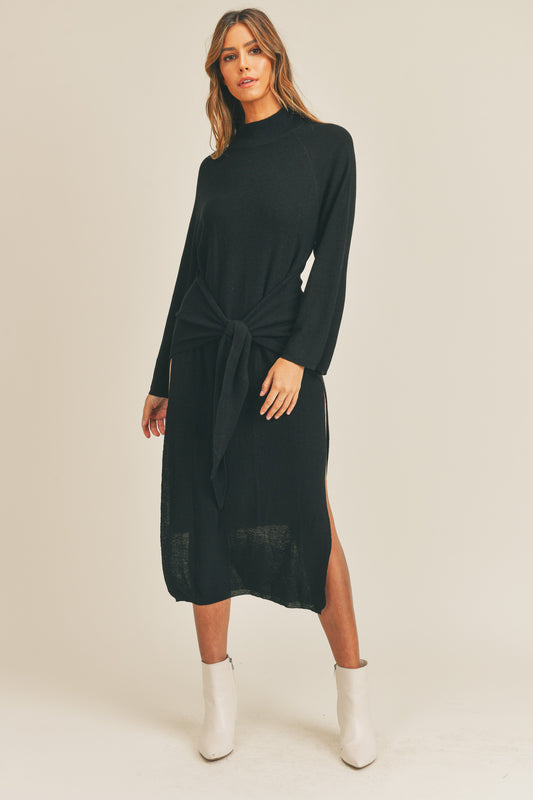 WAIST TIED LONG SLEEVE SWEATER DRESS