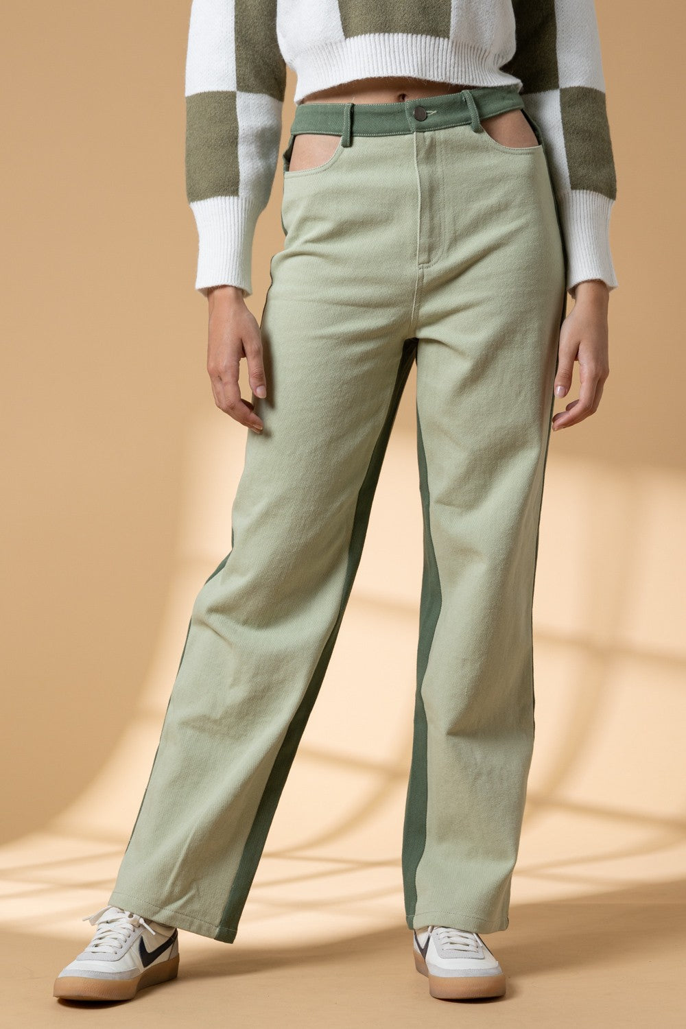 ADDISON CUTOUT DETAIL HIGH WAIST COLOR BLOCK PANTS