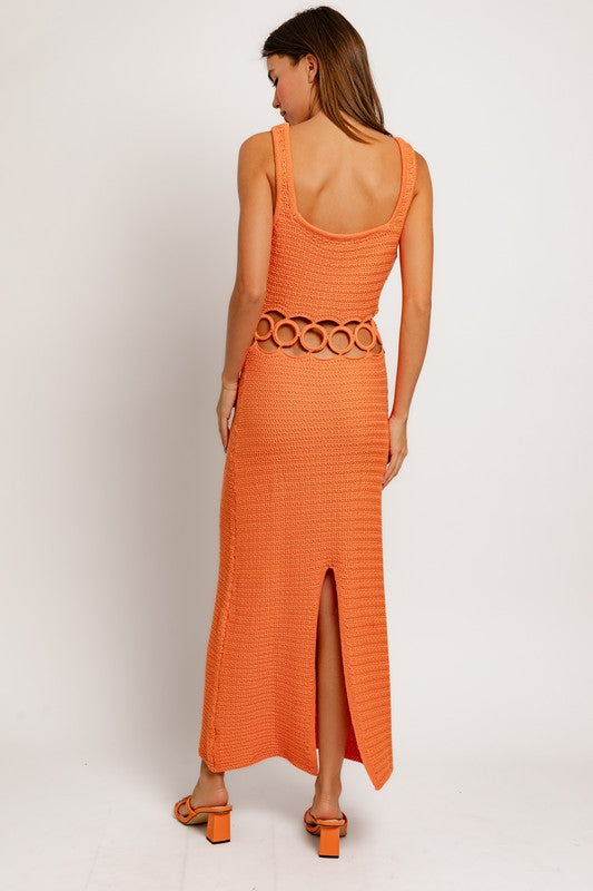 SQUARE NECK SLEEVELESS CROCHET MIDI DRESS