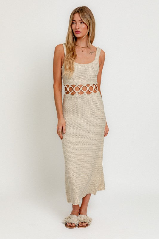 SQUARE NECK SLEEVELESS CROCHET MIDI DRESS