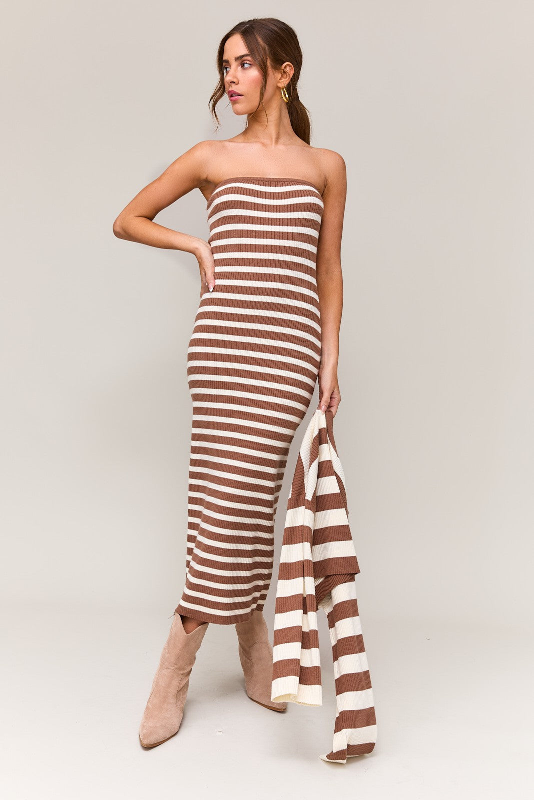 TUBE STRIPE RIBBED DRESS WITH RIBBED CARDIGAN