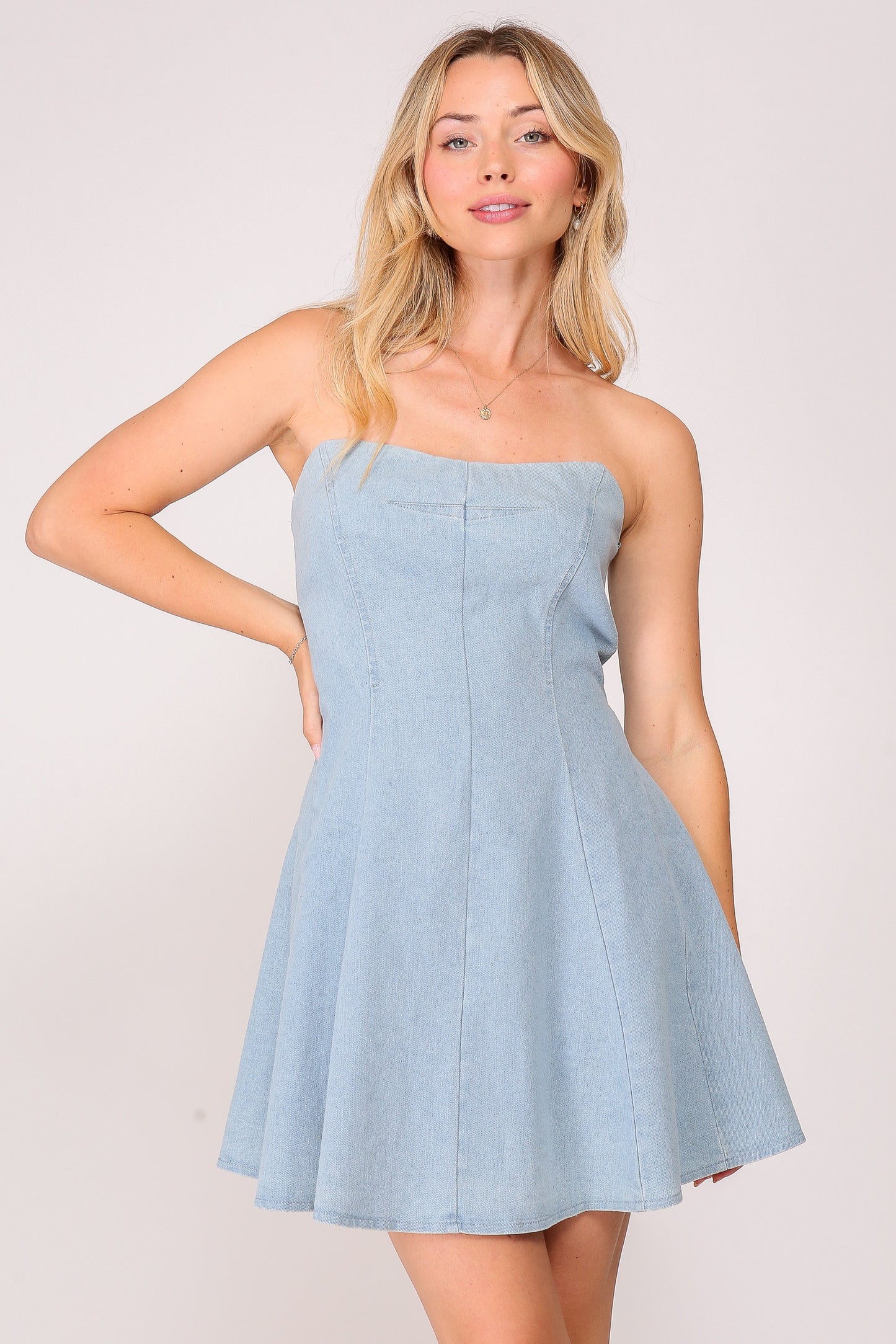 FLARED DENIM TUBETOP MINI DRESS