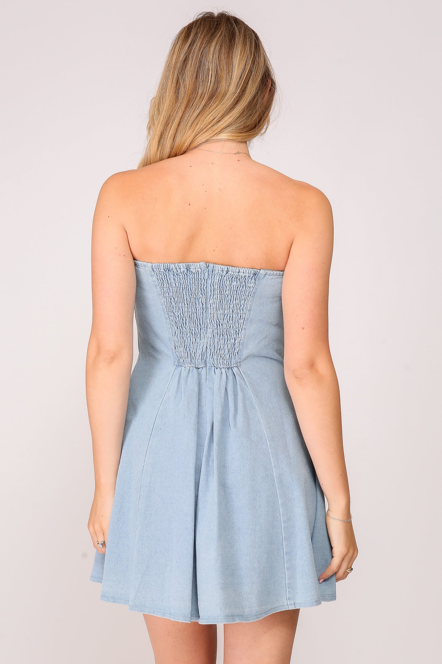 FLARED DENIM TUBETOP MINI DRESS