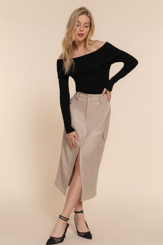 FAUX LEATHER MIDI CARGO SKIRT