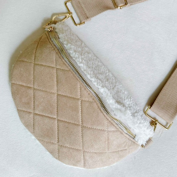 FUZZY AND QUILTED LUXE SLING BAG