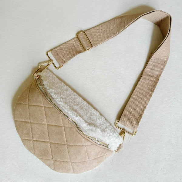 FUZZY AND QUILTED LUXE SLING BAG