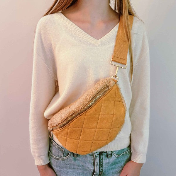 FUZZY AND QUILTED LUXE SLING BAG