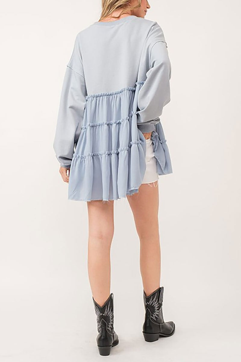 MIXED TEXTURE RAW HEM KNITTED MINI DRESS