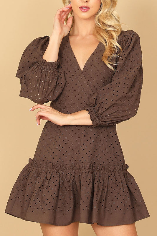 PUFF SLEEVE WRAP EYELET RUFFLE HEM MINI DRESS