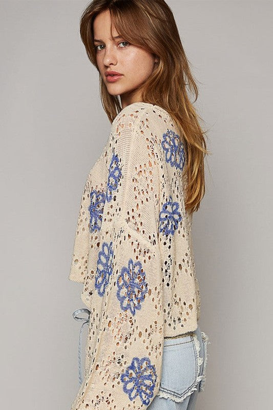 WOMEN FLOWER PRINT EYELET DROP SHOULDER SWEATER