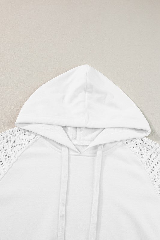 WOMEN LACE PATCHWORK SLEEVE DRAWSTRING HOODIE