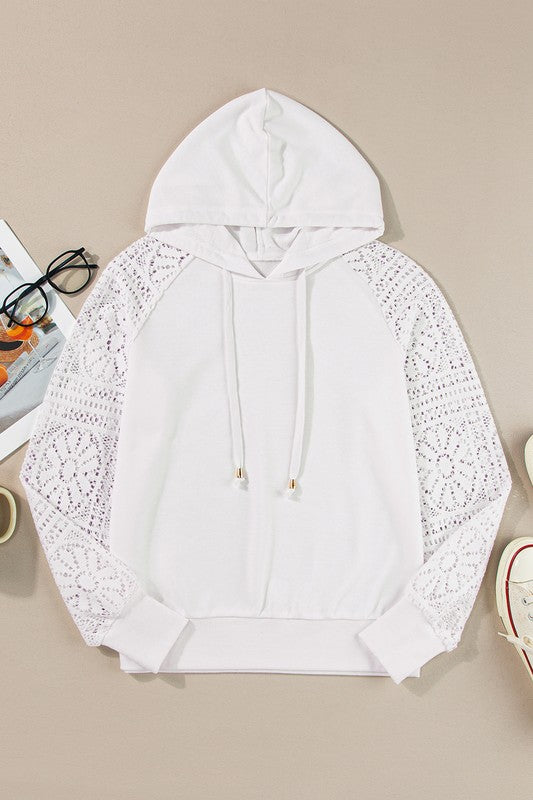 WOMEN LACE PATCHWORK SLEEVE DRAWSTRING HOODIE